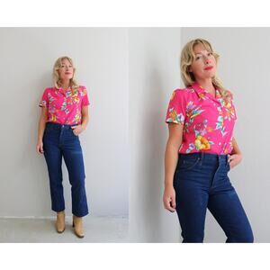 1970's Vintage Aikane Fuchsia Hawaiian Shirt Women's XS SM Tropical Floral Print